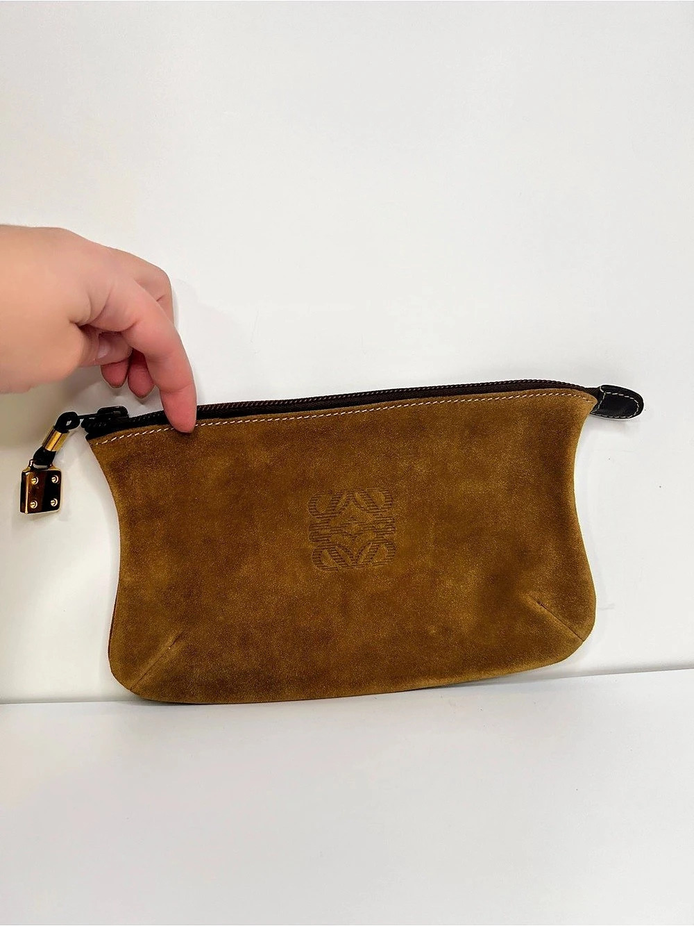 Loewe Vintage Brown Suede Leather Anagram Logo Zip Pouch Clutch Bag